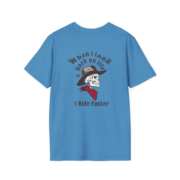 Blue graphic T-shirt with skull cowboy hat and “Ride Faster” text on front