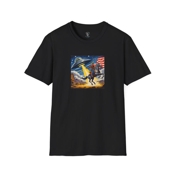 Black T-shirt with cosmic cowboy graphic on the chest