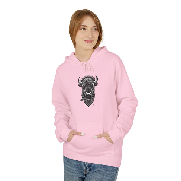 Bison graphic western wear hoodie, light pink, front view with hood and kangaroo pocket