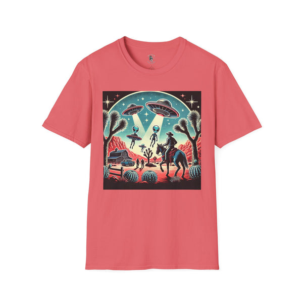 Coral red T-shirt with western sci-fi graphic featuring cowboys, aliens, and fireworks