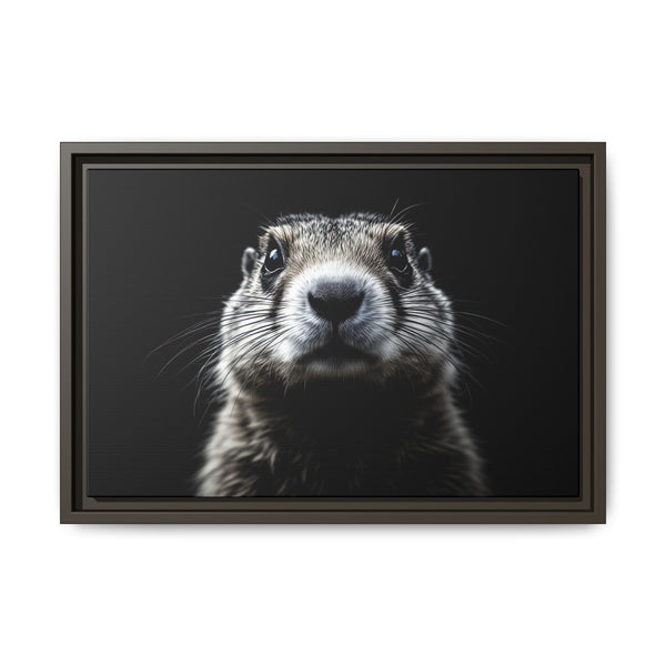 Framed canvas wall art with prairie dog portrait, dark brown frame