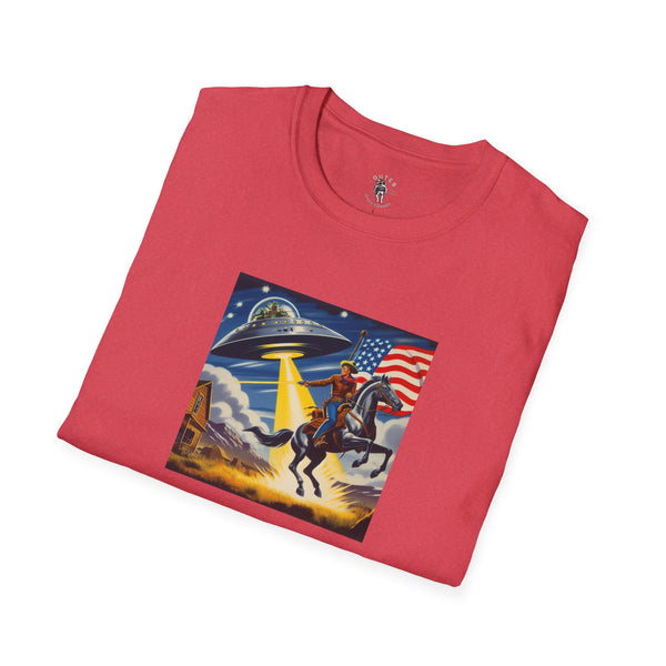 Red T-shirt with cosmic cowboy graphic, UFO and American flag on front