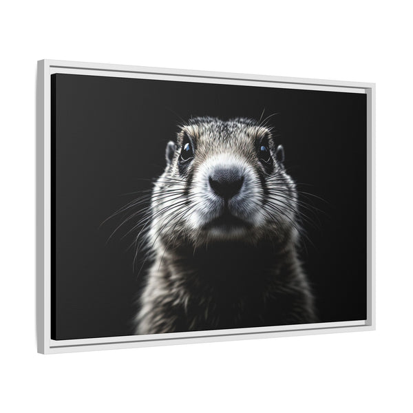 Light gray framed canvas art featuring a close-up black-and-white prairie dog face