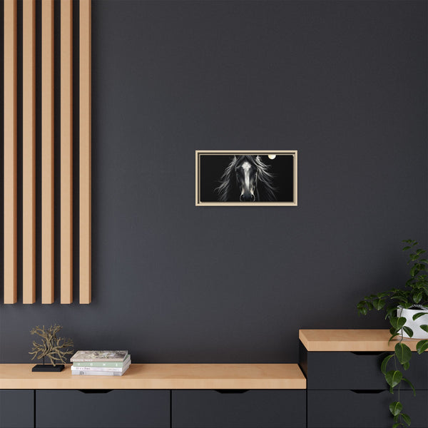 Framed horse canvas art with dark background, light wood frame, centered on wall