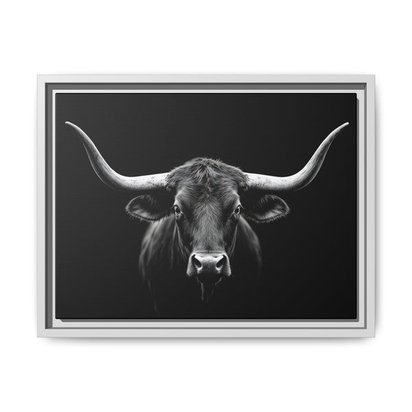 Framed western canvas art with monochrome bull head and horns, white frame
