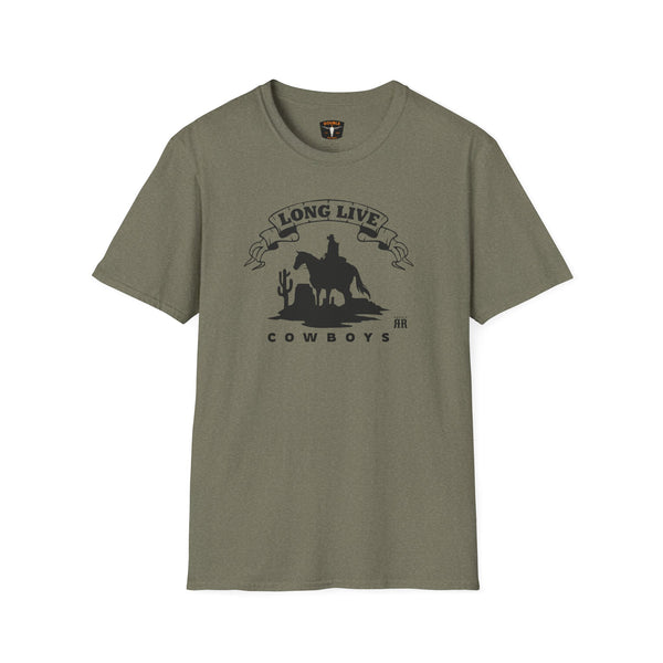 Olive green T-shirt with cowboy silhouette and “Long Live” ribbon graphic at chest