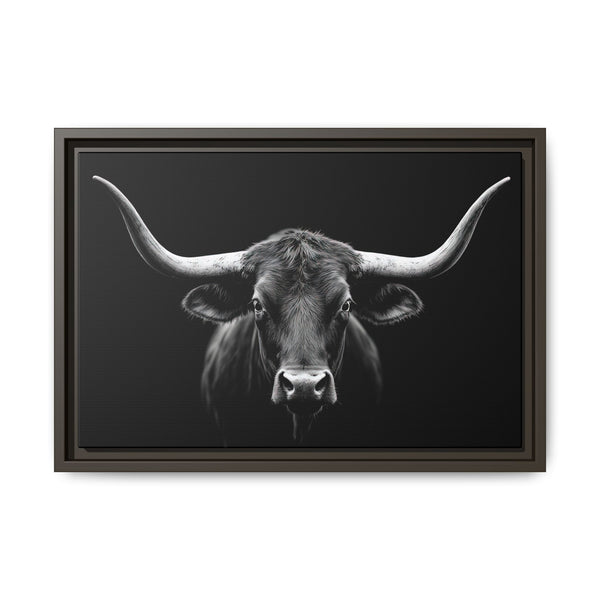 Framed western canvas art with a monochrome bucking bull head on black, dark gray frame