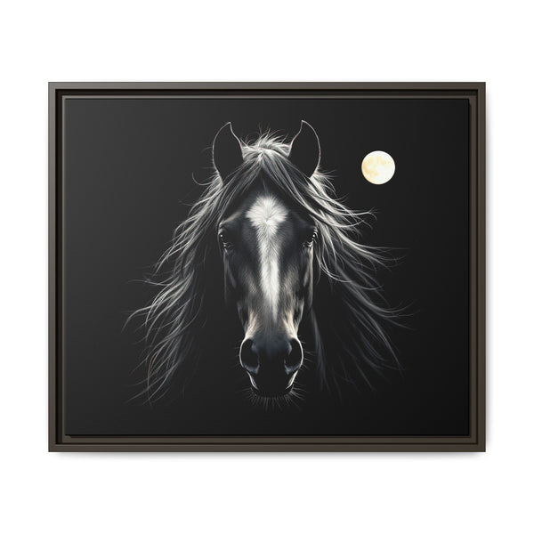 Framed canvas wall art of a black horse with full moon, dark brown frame