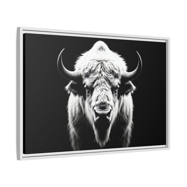 Framed bison head wall art with white-and-black portrait on dark background, white frame