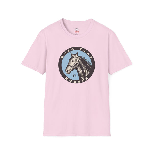 Light pink women’s western T-shirt with round horse emblem graphic on the front