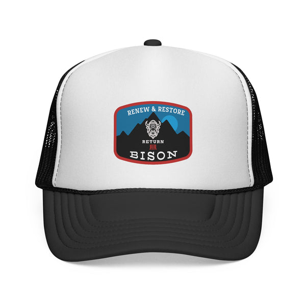 Black and white Bison western trucker hat with front patch and black mesh sides