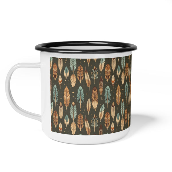 Enamel camp mug with dark green feather pattern and black rim, white handle