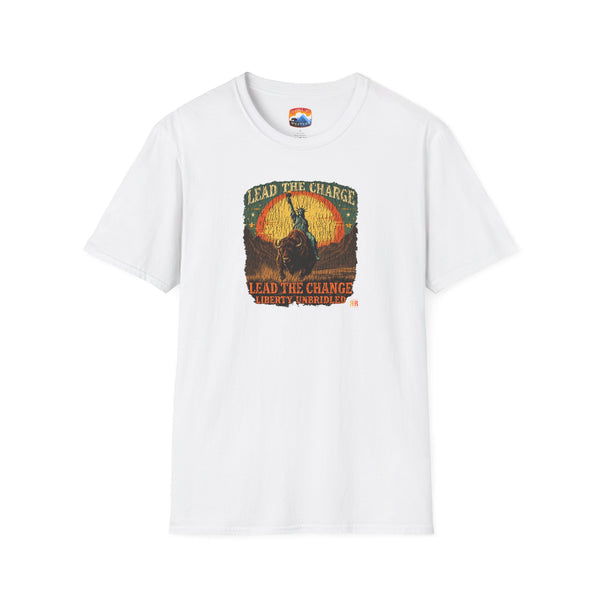 White crew-neck T-shirt with buffalo graphic and vintage-style lettering