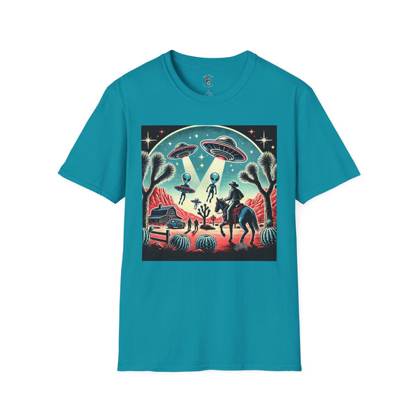 Teal blue T-shirt with western sci-fi graphic featuring cowboys, aliens, and fireworks