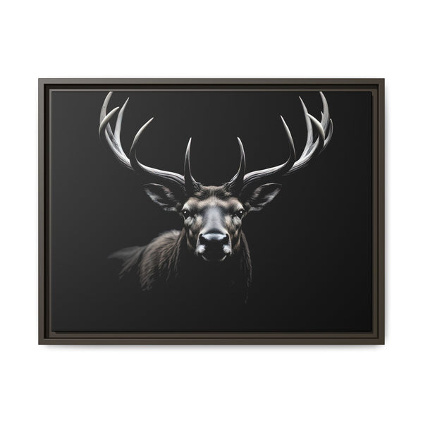 Framed elk head western canvas wall art with long antlers, dark brown frame, black background.