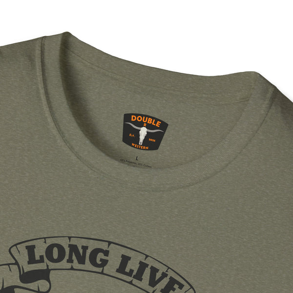 Olive green crew-neck T-shirt with Double Western neck label and partial Long Live print