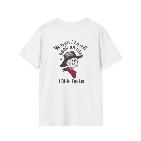 White graphic T-shirt with skull cowboy hat and “Ride Faster” text on front
