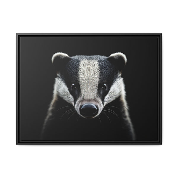 Framed western canvas wall art showing a close badger face