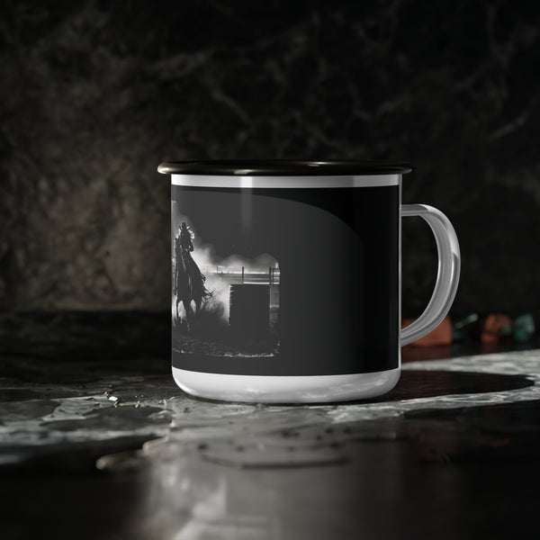 Enamel camp mug with barrel racer graphic, black body and white handle