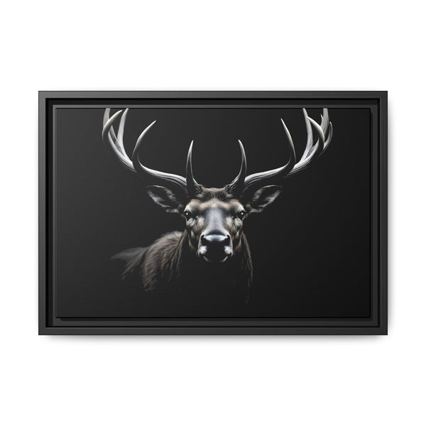 Framed western canvas art with monochrome elk head, antlers, black frame and inner mat