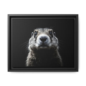 Framed canvas wall art with prairie dog close-up portrait, black frame, dark background.