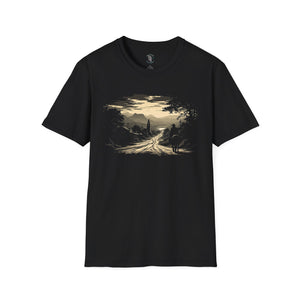 Black graphic T-shirt with western landscape, road, rider and tombstone-style building