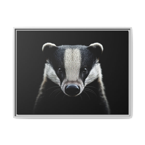 Framed badger canvas wall art with black and white portrait, silver frame