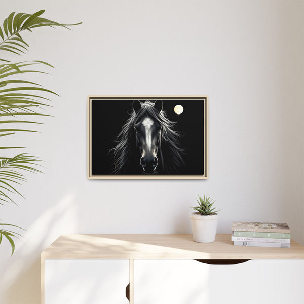 Framed horse canvas art with dark background, light wood frame, and moon near top right