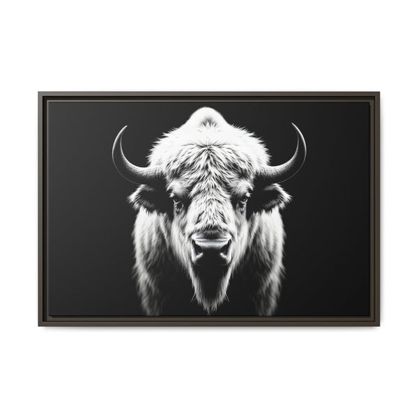 Framed bison portrait wall decor showing a bold monochrome horned head