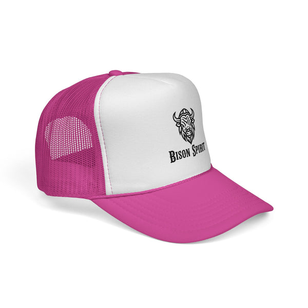Western trucker hat side view with white front panel, Bison Spirit logo, pink mesh