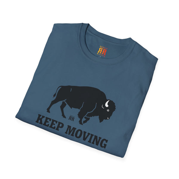 Blue western wear T-shirt with bison “KEEP MOVING” graphic
