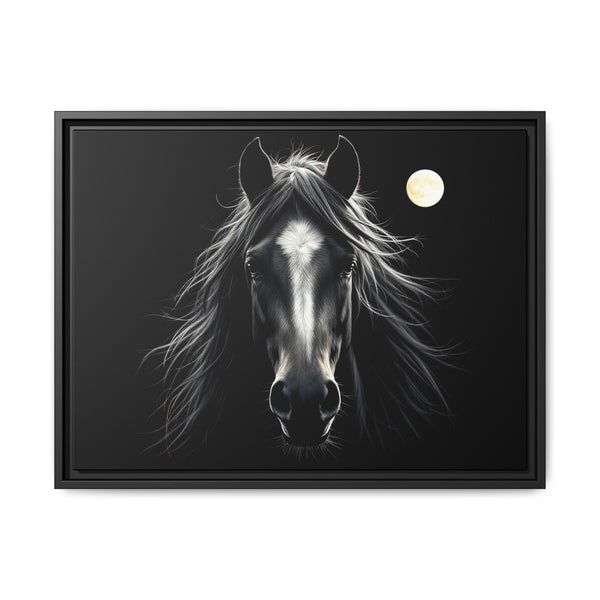 Black framed canvas art: horse portrait with bright moon on right