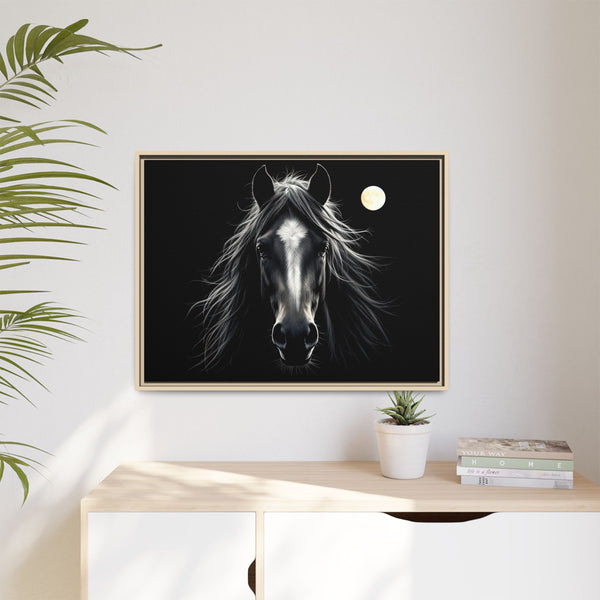 Framed canvas art with black background, white horse portrait, and moon