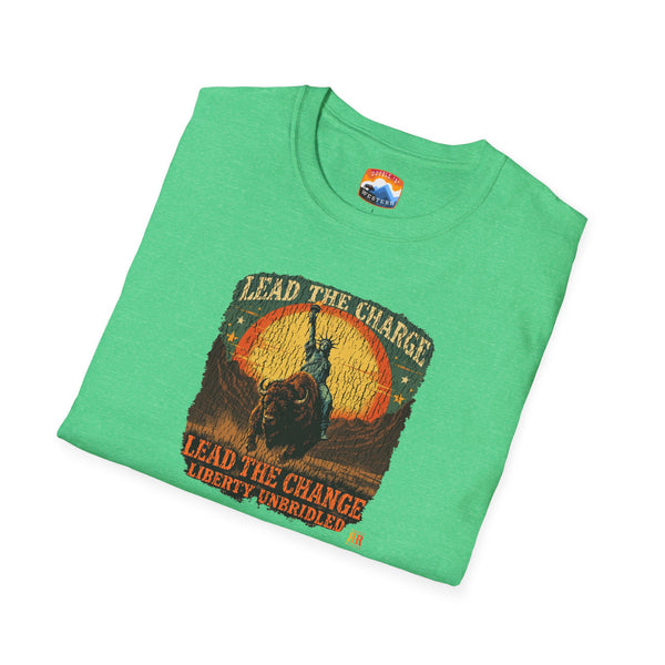Green crew-neck T-shirt with buffalo and Lady statue graphic, 'Lead the Change' text.