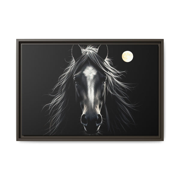 Framed canvas wall art of a black horse with full moon, dark brown frame
