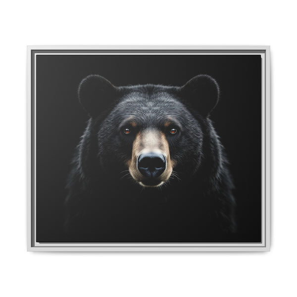 Framed bear canvas art with close-up bear face, light gray frame, dark background