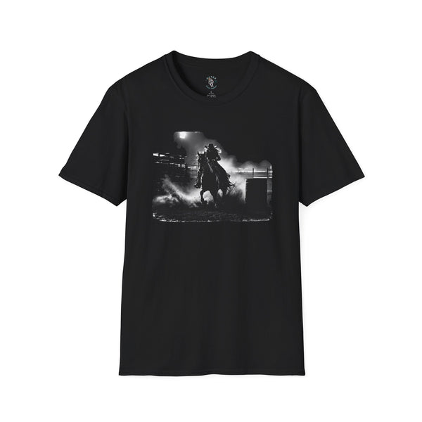 Black barrel racing graphic tee with cowboy on horse print at center front.