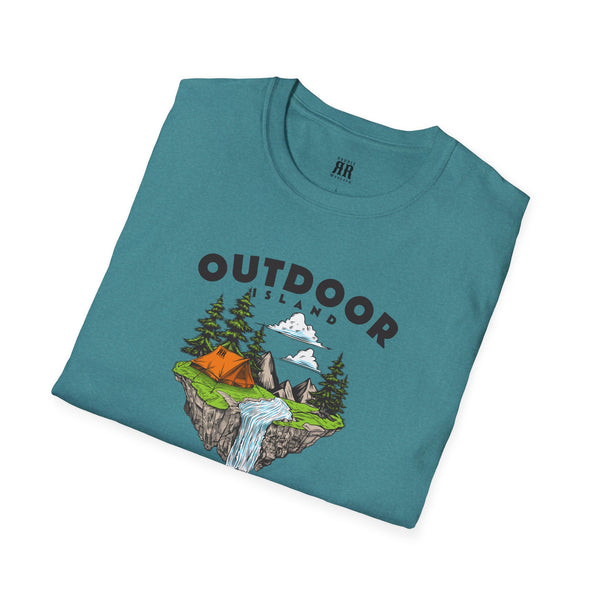 Teal graphic T-shirt with outdoor campsite illustration and large OUTDOOR lettering