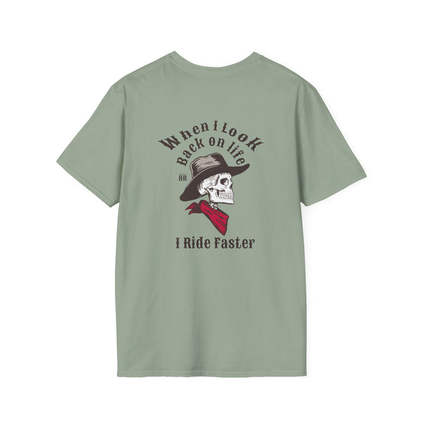 Light green crew-neck graphic T-shirt with back skull hat and “I Ride Faster” text
