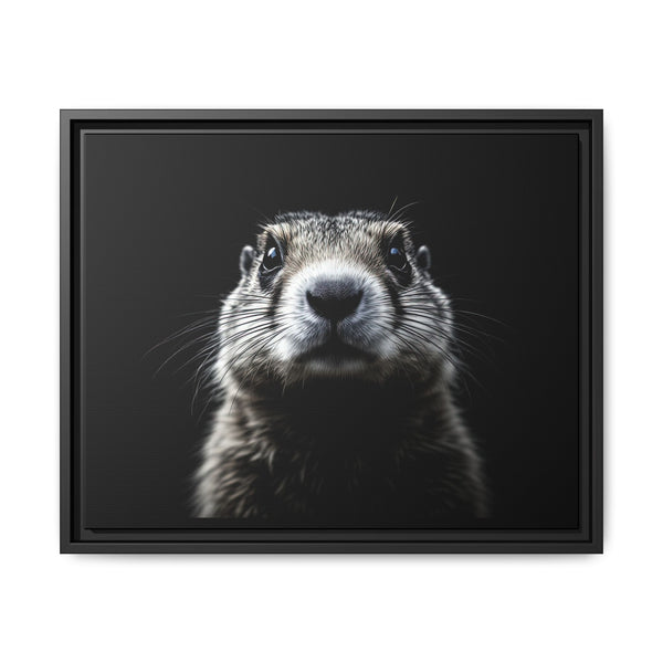 Framed canvas wall art featuring a prairie dog face portrait, black frame, dark background.