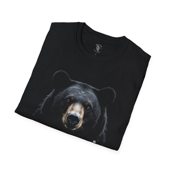 Black T-shirt with large bear face graphic and small chest emblem