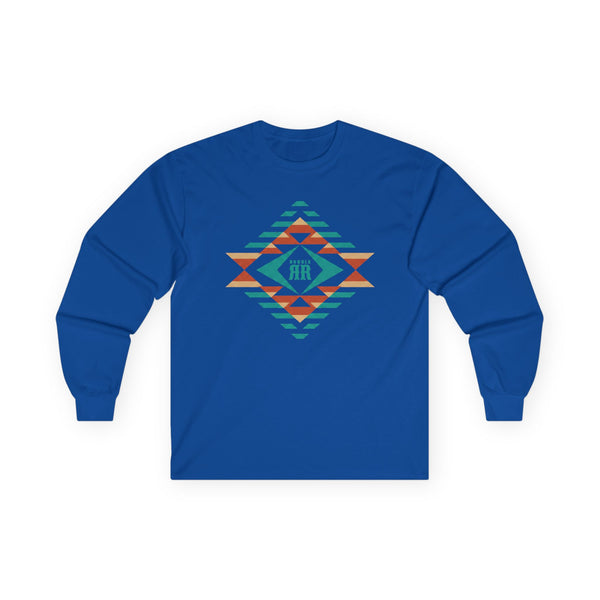 Royal blue long sleeve western tee with multicolor geometric diamond graphic on chest