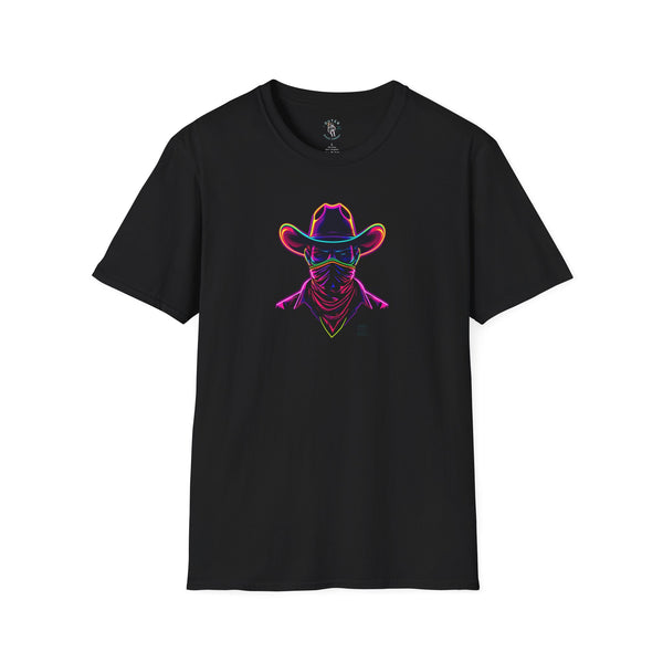 Black crew-neck cowboy T-shirt with neon graphic of a hooded bandit head and hat