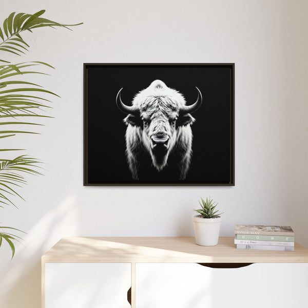 Framed bison head wall art with white-and-black portrait on dark background, thin white frame