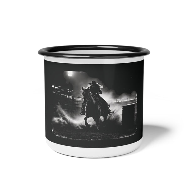 Enamel camp mug with barrel racer graphic, black body, white handle and rim