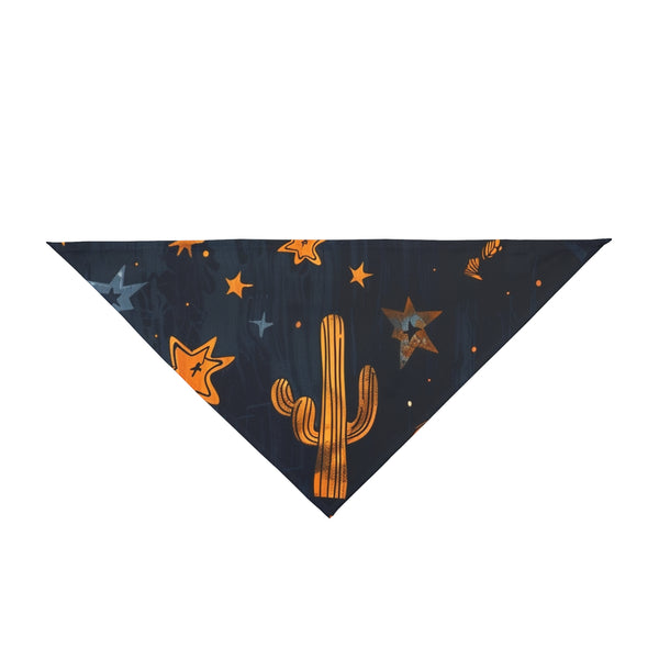 Triangular navy pet bandana with cacti, stars, and dotted night-sky pattern