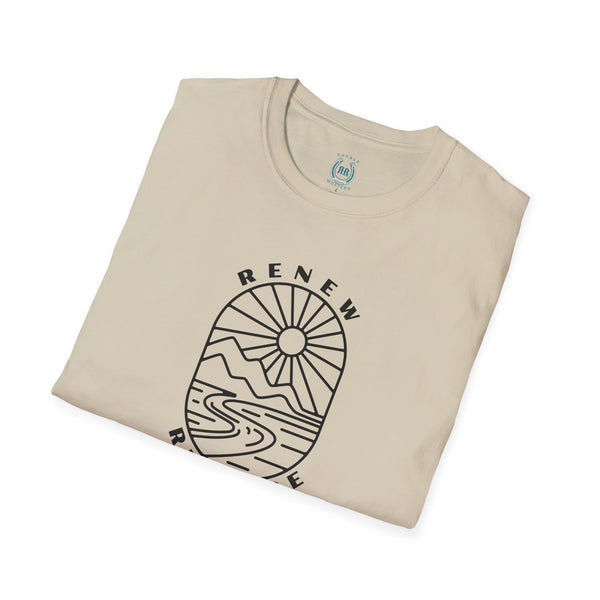 Beige crew neck T-shirt with large circular western graphic logo print