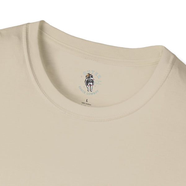 Women’s sand T-shirt with small back graphic at the neckline