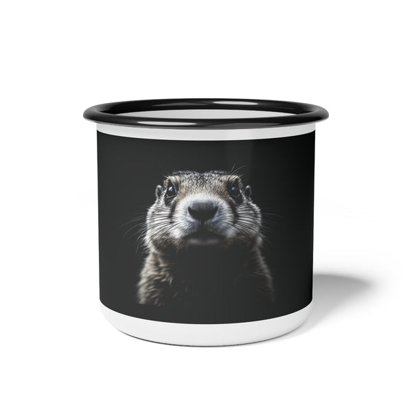 Black enamel camp mug with white base and prairie dog graphic on front