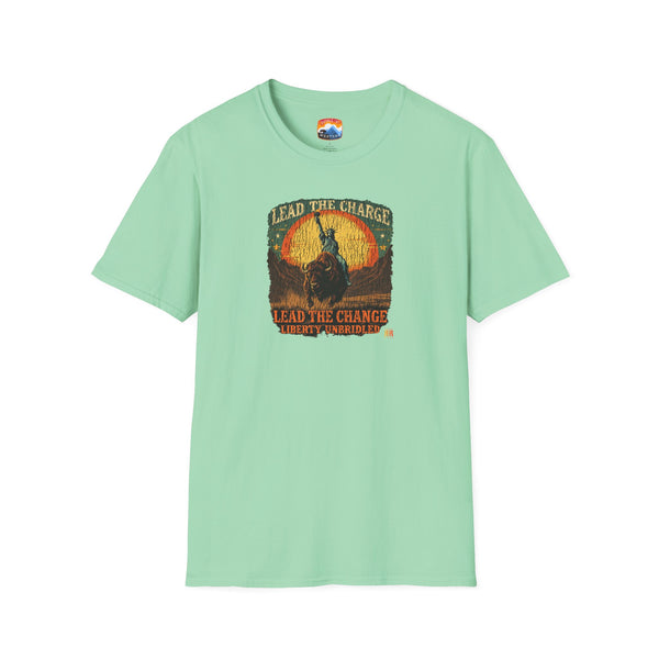 Mint green crew-neck T-shirt with buffalo graphic and vintage-style lettering